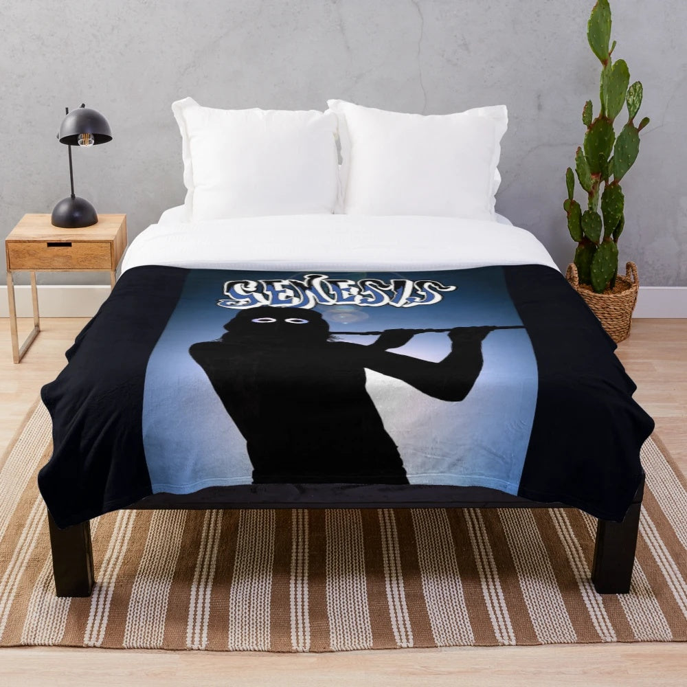 Vintage-style Genesis plush blanket featuring Peter Gabriel