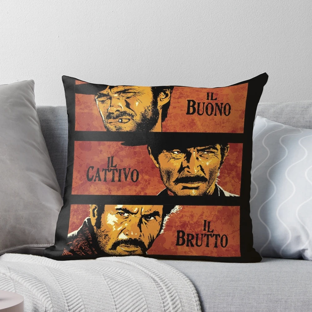Vintage-inspired 'Good, Bad, and Ugly' decorative pillow with western-themed design