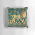 Vintage-inspired green pillow featuring a forest animal design, including a lion, on an antique-style tapestry background.