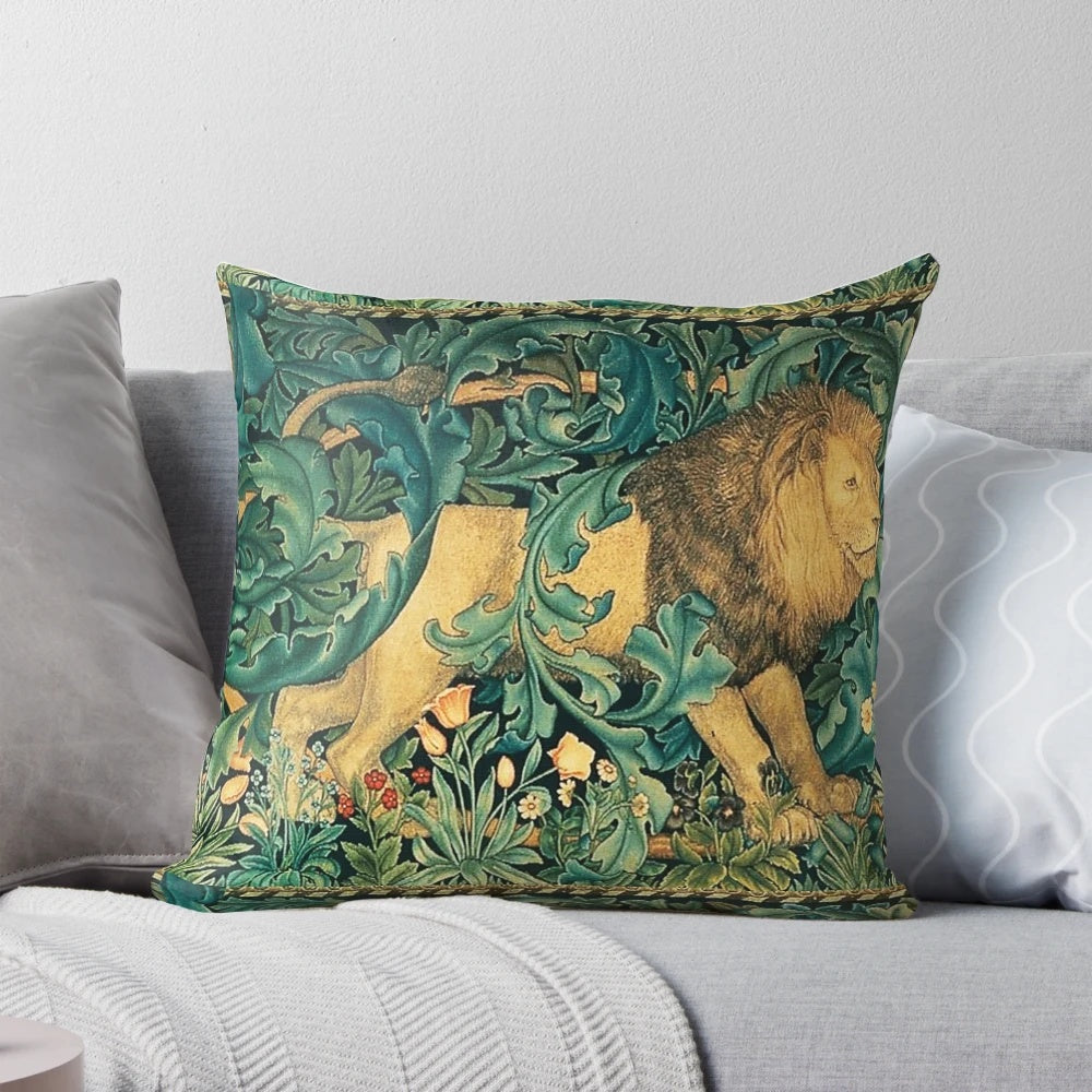 Vintage-inspired green pillow featuring a forest animal design, including a lion, on an antique-style tapestry background.