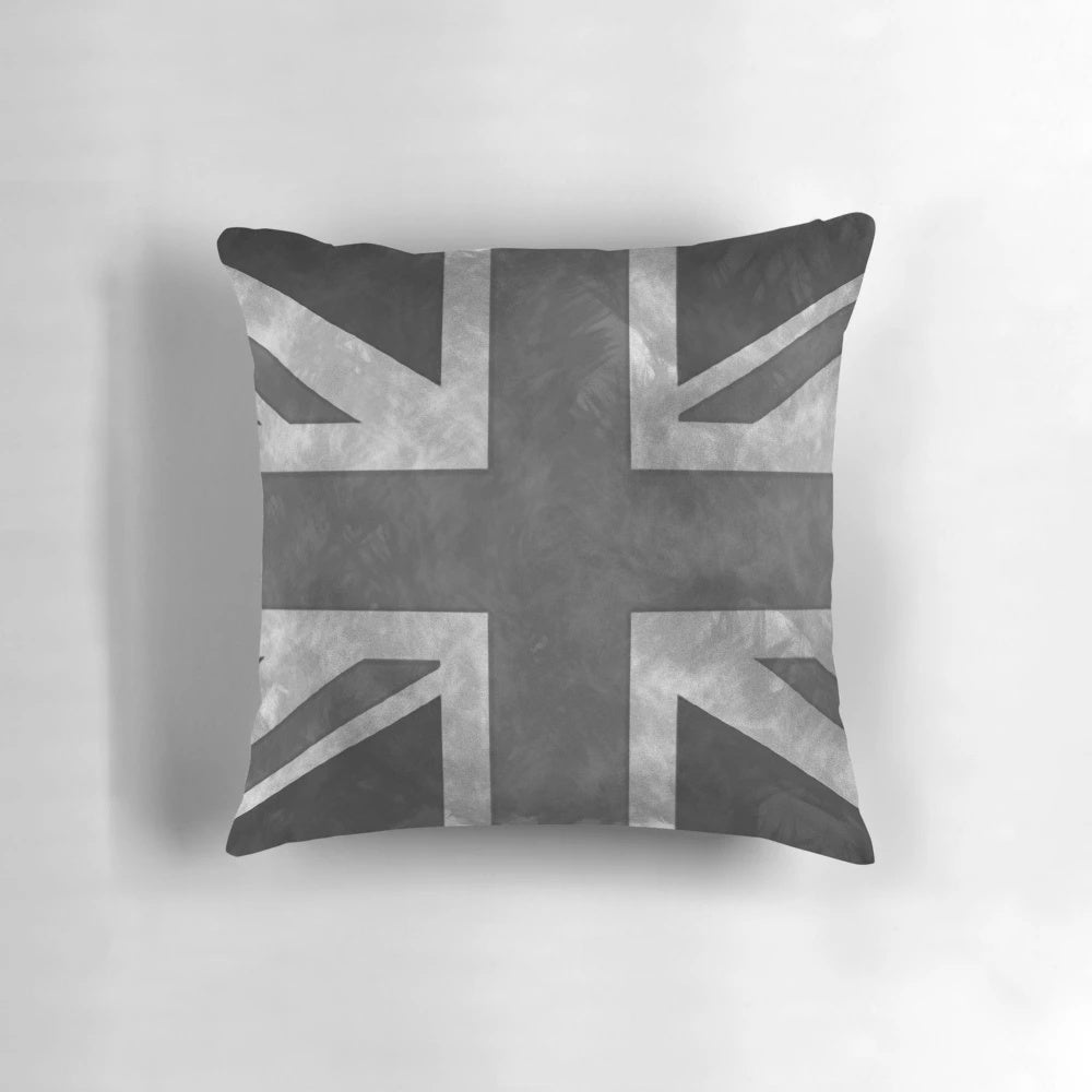 Greyscale distressed union jack design on decorative throw pillow