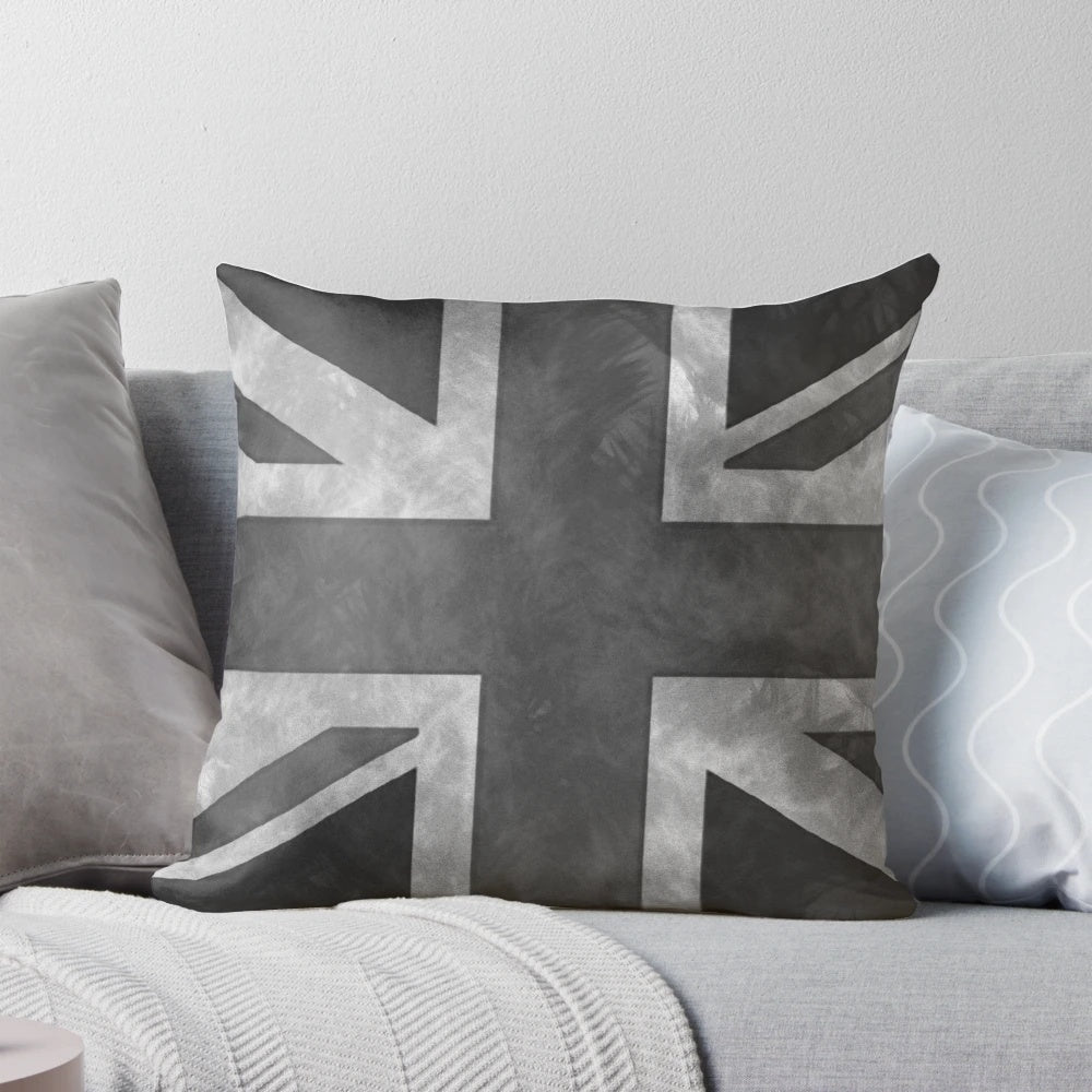 Greyscale distressed union jack design on decorative throw pillow