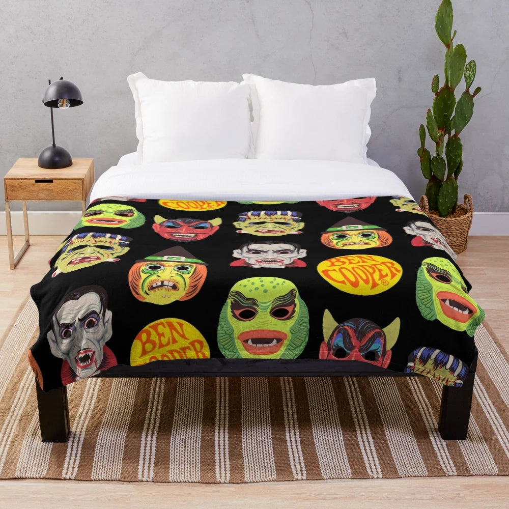 Vintage-inspired Halloween masks plush blanket