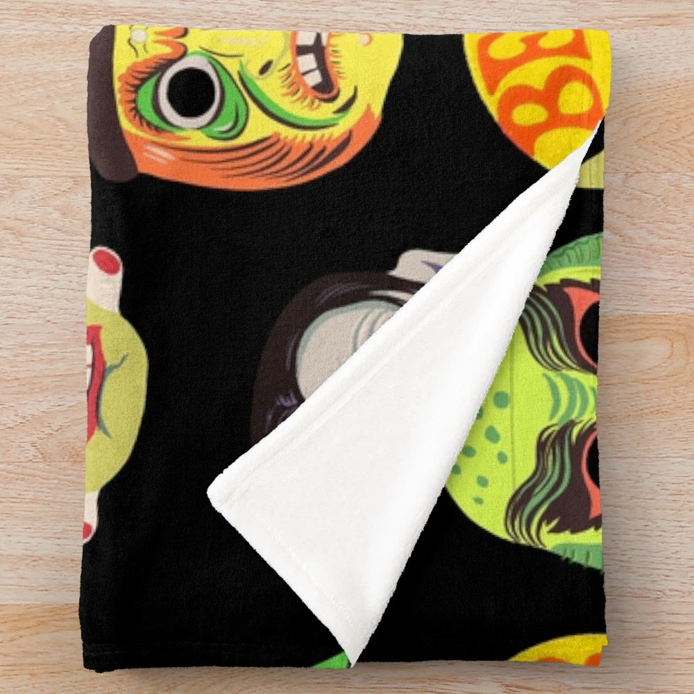 Vintage-inspired Halloween masks plush blanket