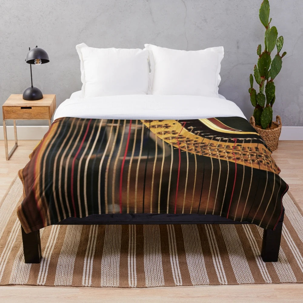 Vintage-inspired harp plush blanket for music lovers and harpists
