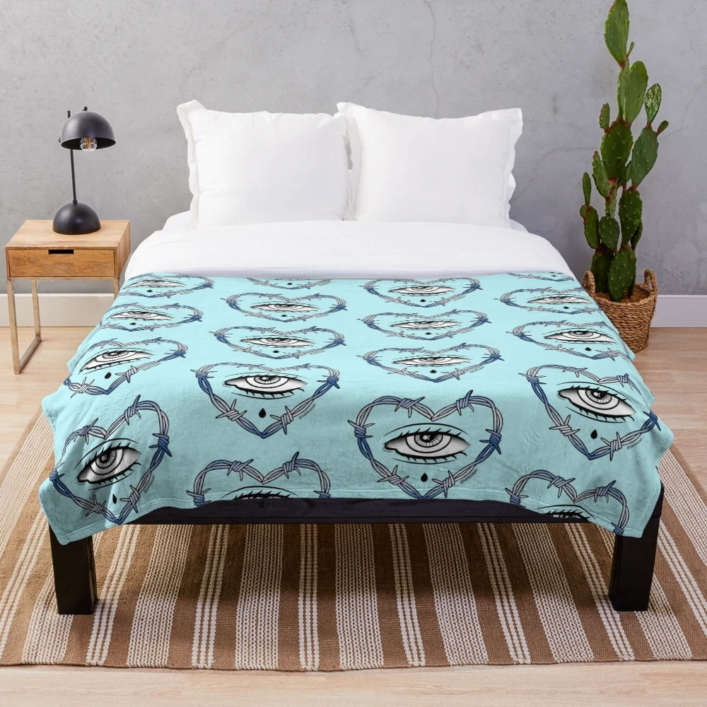 Vintage-inspired heart-shaped plush blanket with nature and abstract design