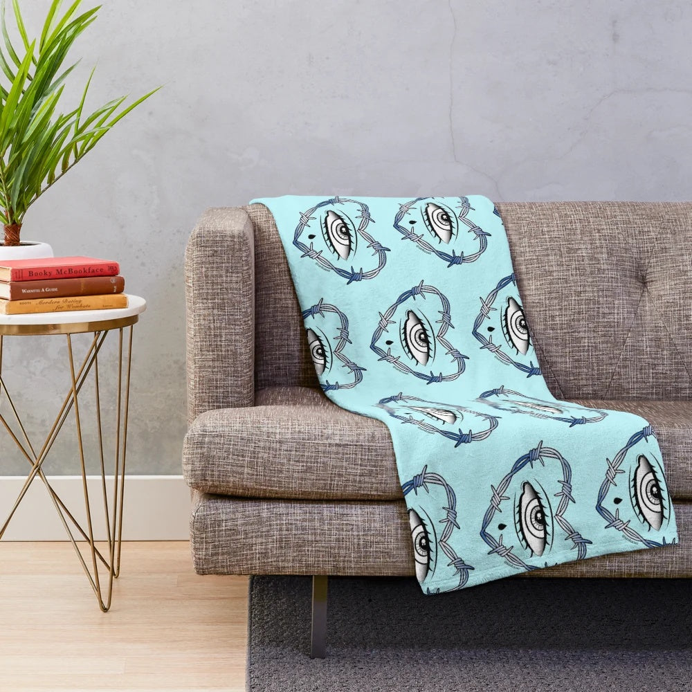 Vintage-inspired heart-shaped plush blanket with nature and abstract design