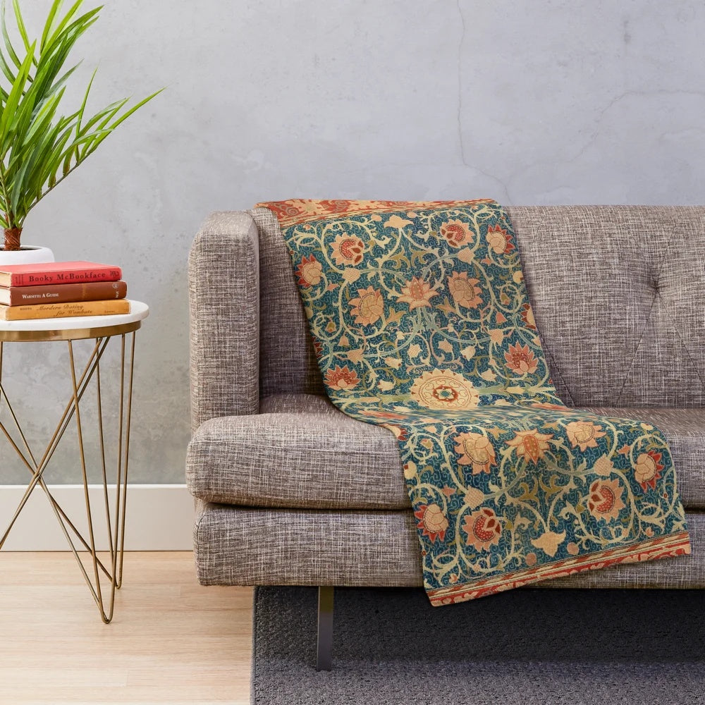 Vintage-inspired plush blanket featuring a William Morris-style floral carpet print in teal and red