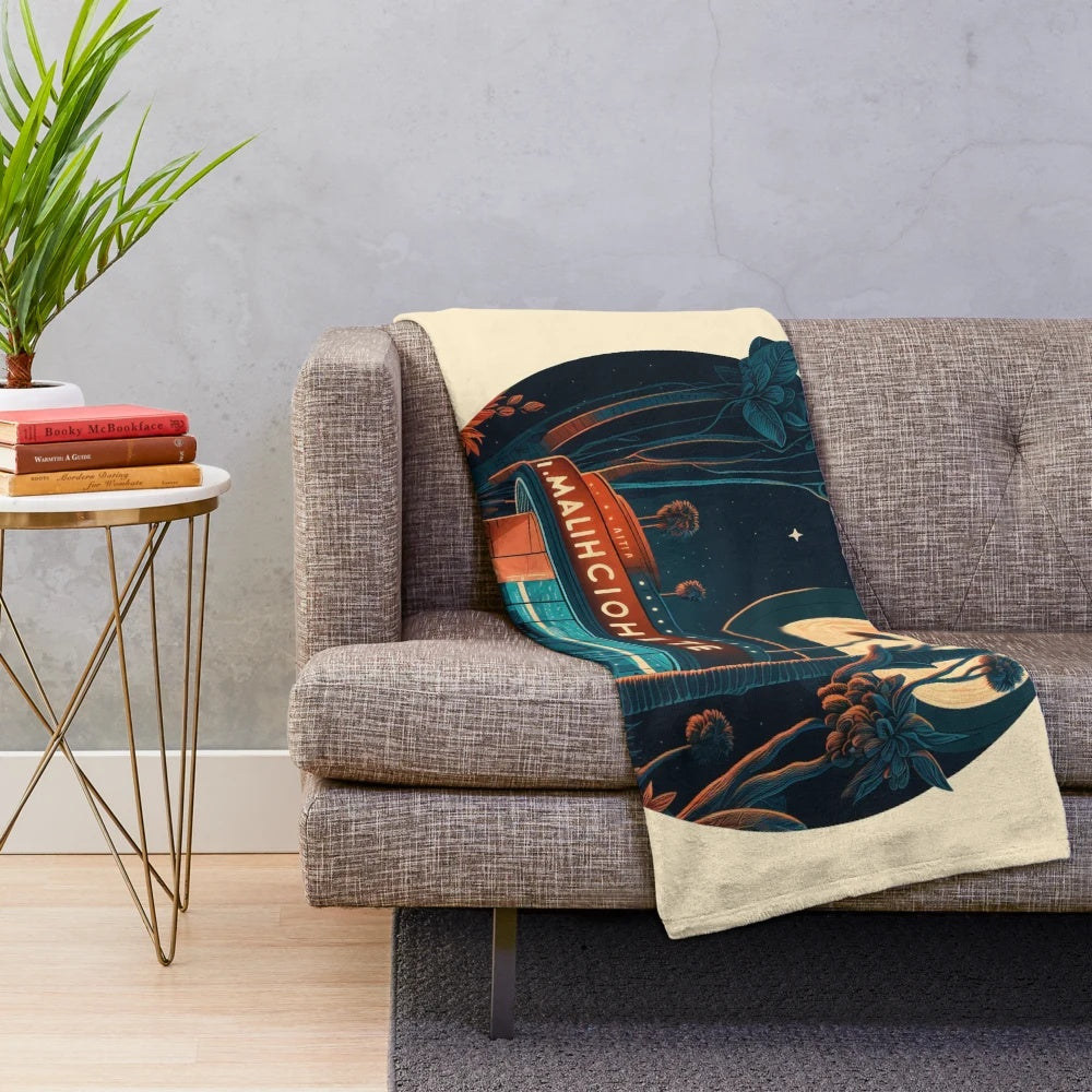 Vintage-inspired plush blanket with detailed line art illustration of the iconic Arclight Cinema in Los Angeles