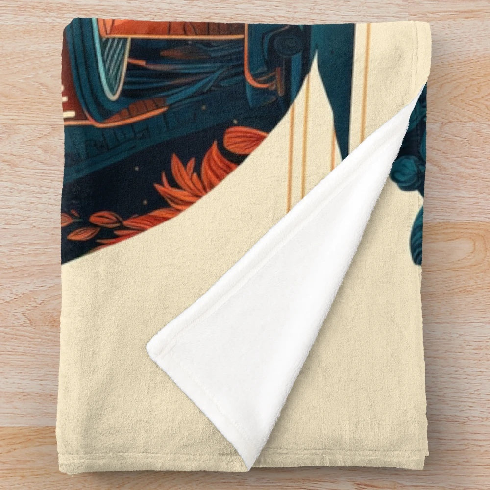 Vintage-inspired plush blanket with detailed line art illustration of the iconic Arclight Cinema in Los Angeles