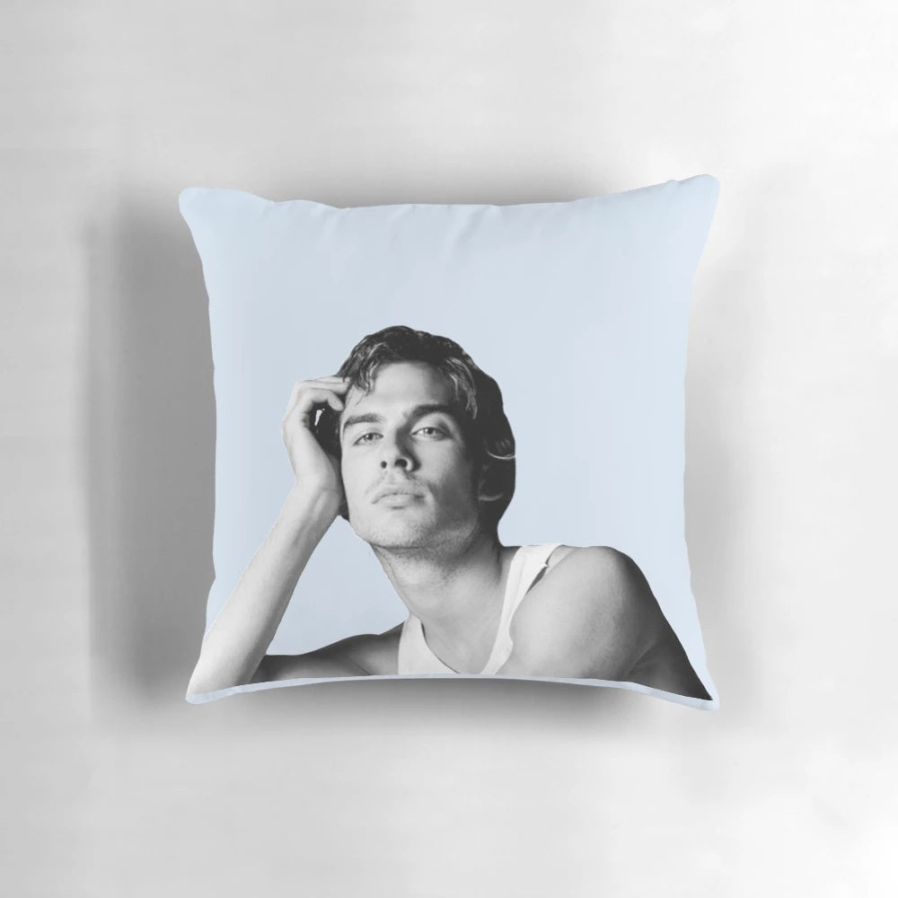 Vintage-inspired pillow featuring a portrait of actor Ian Somerhalder as Damon Salvatore from The Vampire Diaries