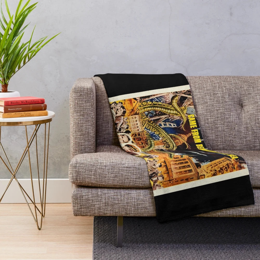 Vintage-styled plush blanket featuring the movie poster for the classic 1950s horror film "It Came From Beneath the Sea