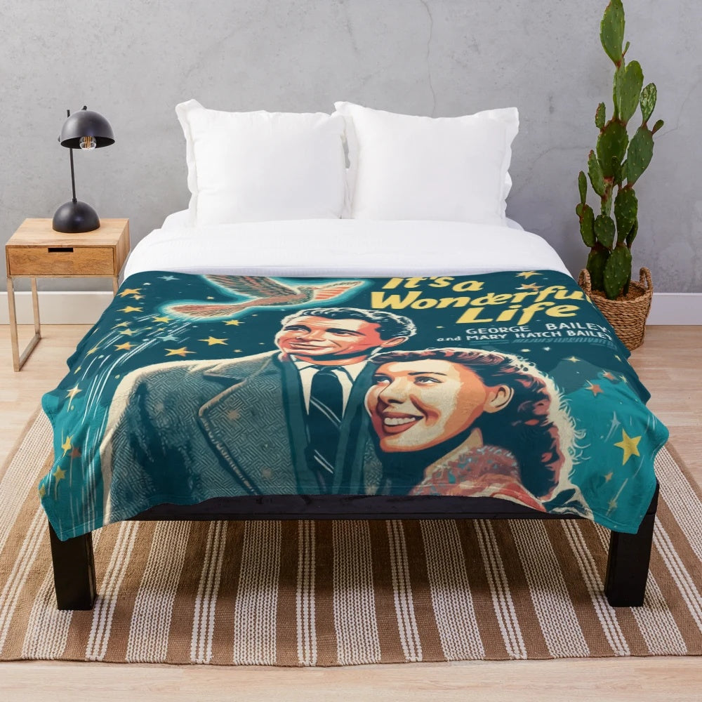 Vintage-inspired "It's a Wonderful Life" plush blanket featuring classic movie quotes and imagery