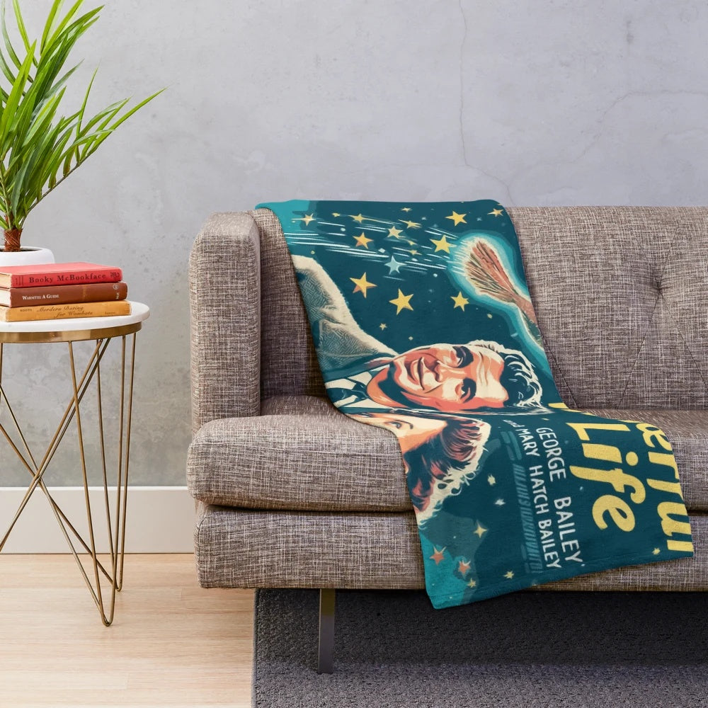 Vintage-inspired "It's a Wonderful Life" plush blanket featuring classic movie quotes and imagery