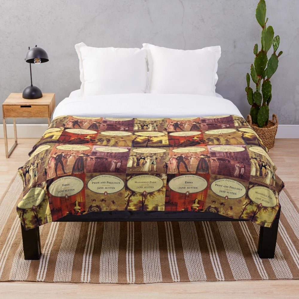 Plush blanket featuring vintage book covers of Jane Austen's classic novels