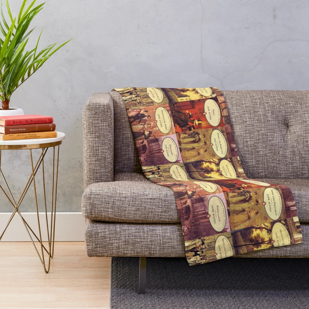 Plush blanket featuring vintage book covers of Jane Austen's classic novels