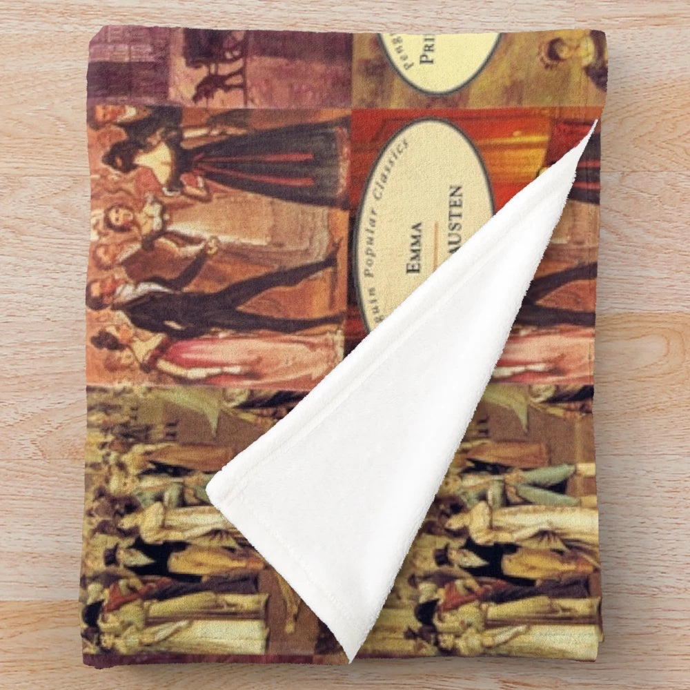 Plush blanket featuring vintage book covers of Jane Austen's classic novels