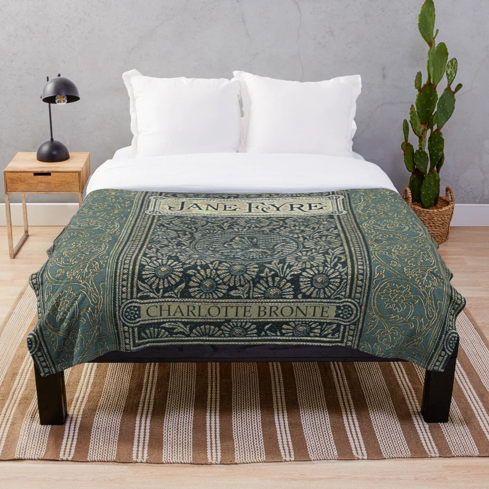 Vintage-inspired plush blanket featuring the classic book cover design of Jane Eyre