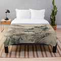Vintage Japanese landscape painting design on a plush blanket