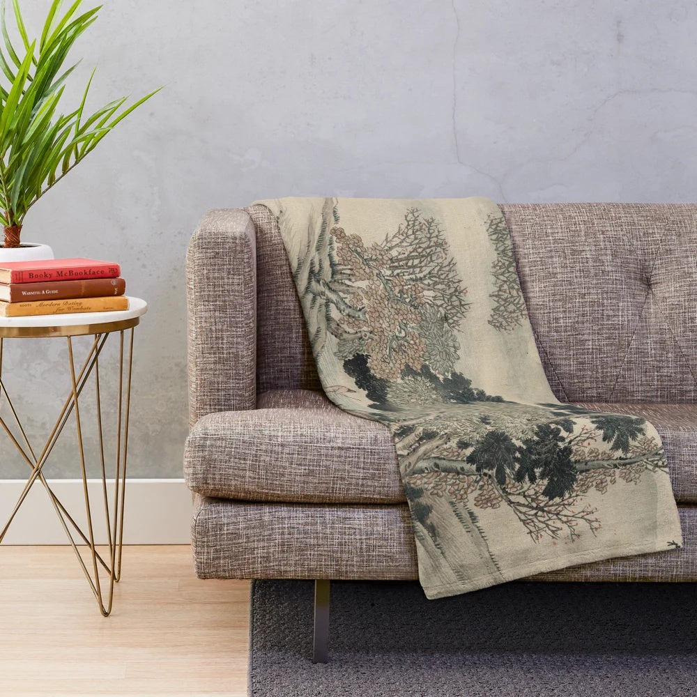Vintage Japanese landscape painting design on a plush blanket