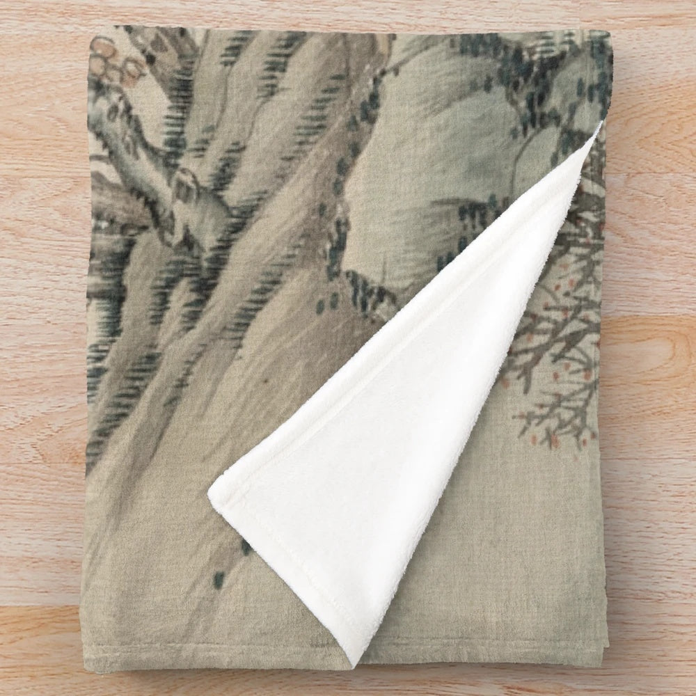 Vintage Japanese landscape painting design on a plush blanket