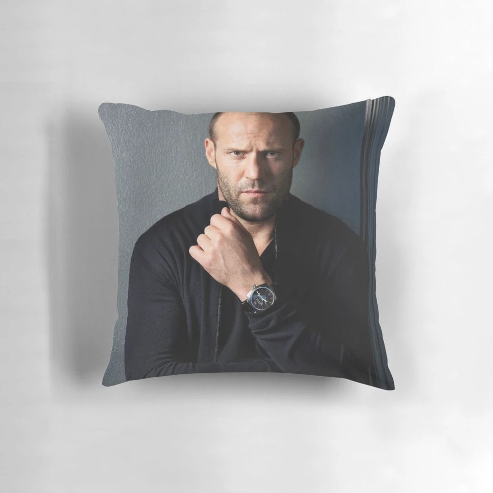 Vintage-inspired decorative throw pillow featuring a portrait of action movie star Jason Statham