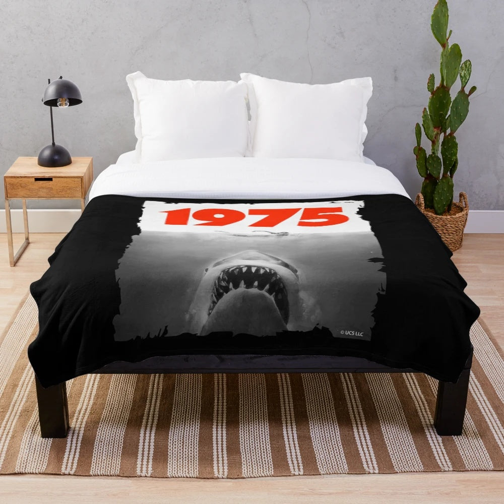 Jaws 1975 fan art plush blanket with vintage movie-inspired design
