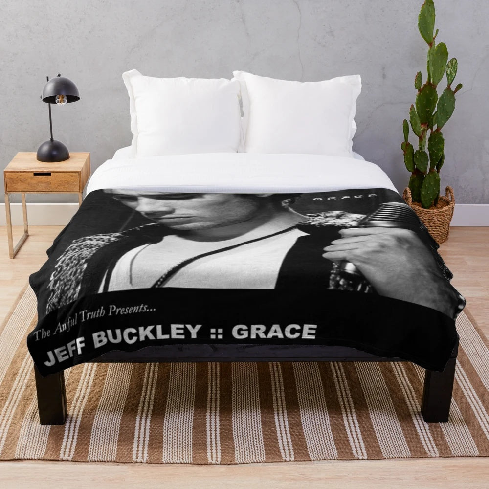 Vintage-inspired Jeff Buckley plush blanket featuring a classic rock and folk music aesthetic