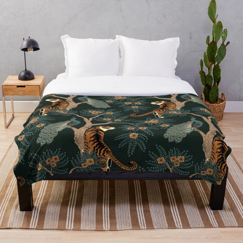 Vintage-styled plush blanket featuring a tiger and peacock in a lush jungle setting