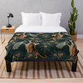 Vintage-styled plush blanket featuring a tiger and peacock in a lush jungle setting