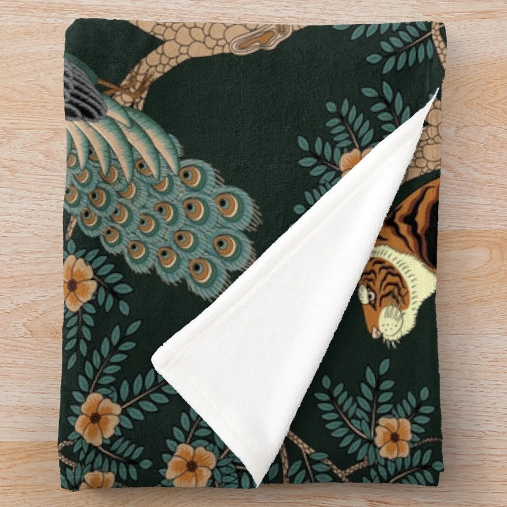 Vintage-styled plush blanket featuring a tiger and peacock in a lush jungle setting