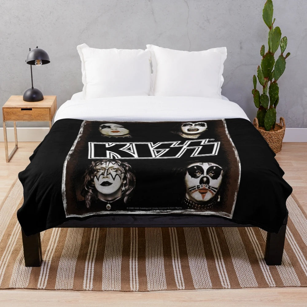Vintage-inspired plush blanket featuring the iconic KISS band logo and artwork
