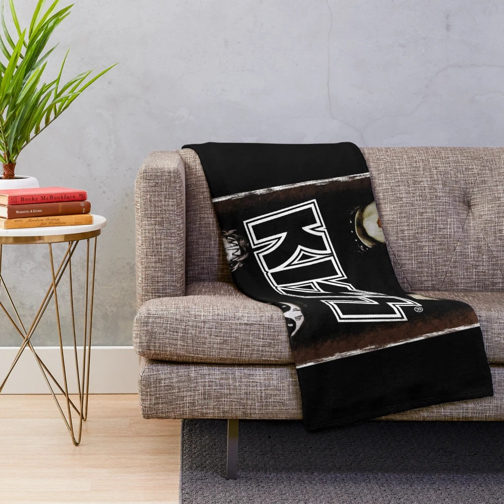 Vintage-inspired plush blanket featuring the iconic KISS band logo and artwork