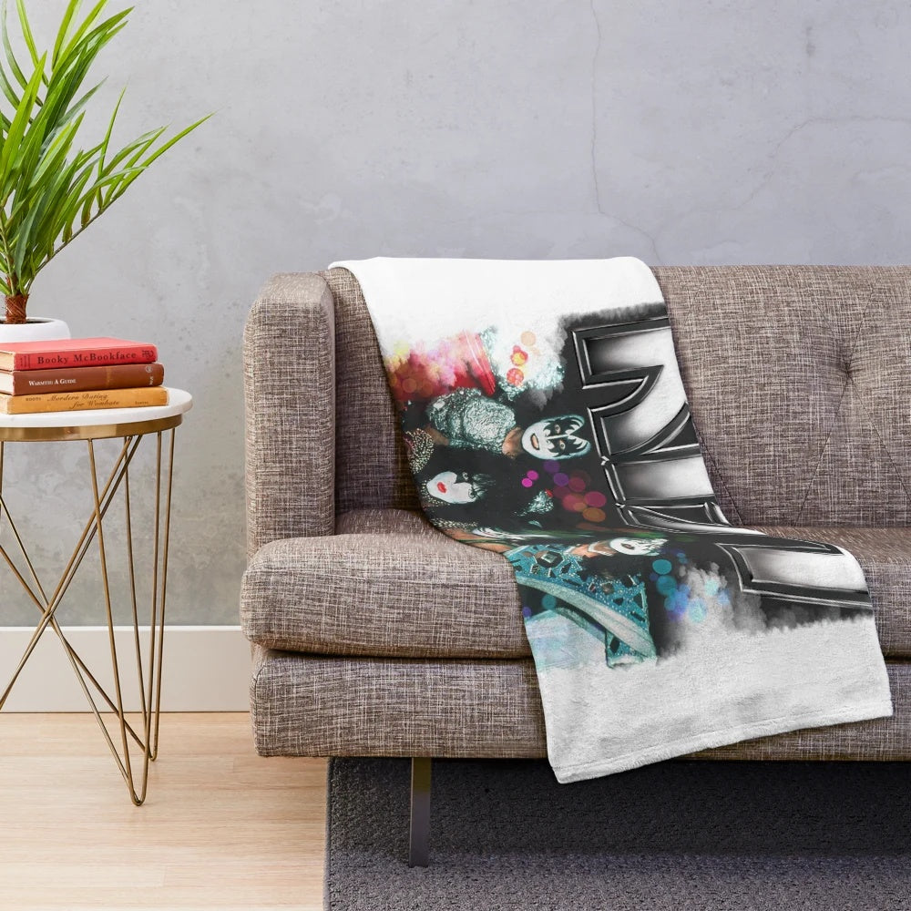 Vintage-inspired Kiss fan art plush blanket featuring the iconic Kiss band logo and design
