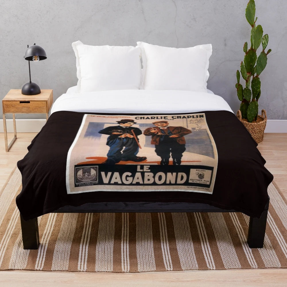 Vintage Le Vagabond Plush Blanket with Charlie Chaplin Inspired Design