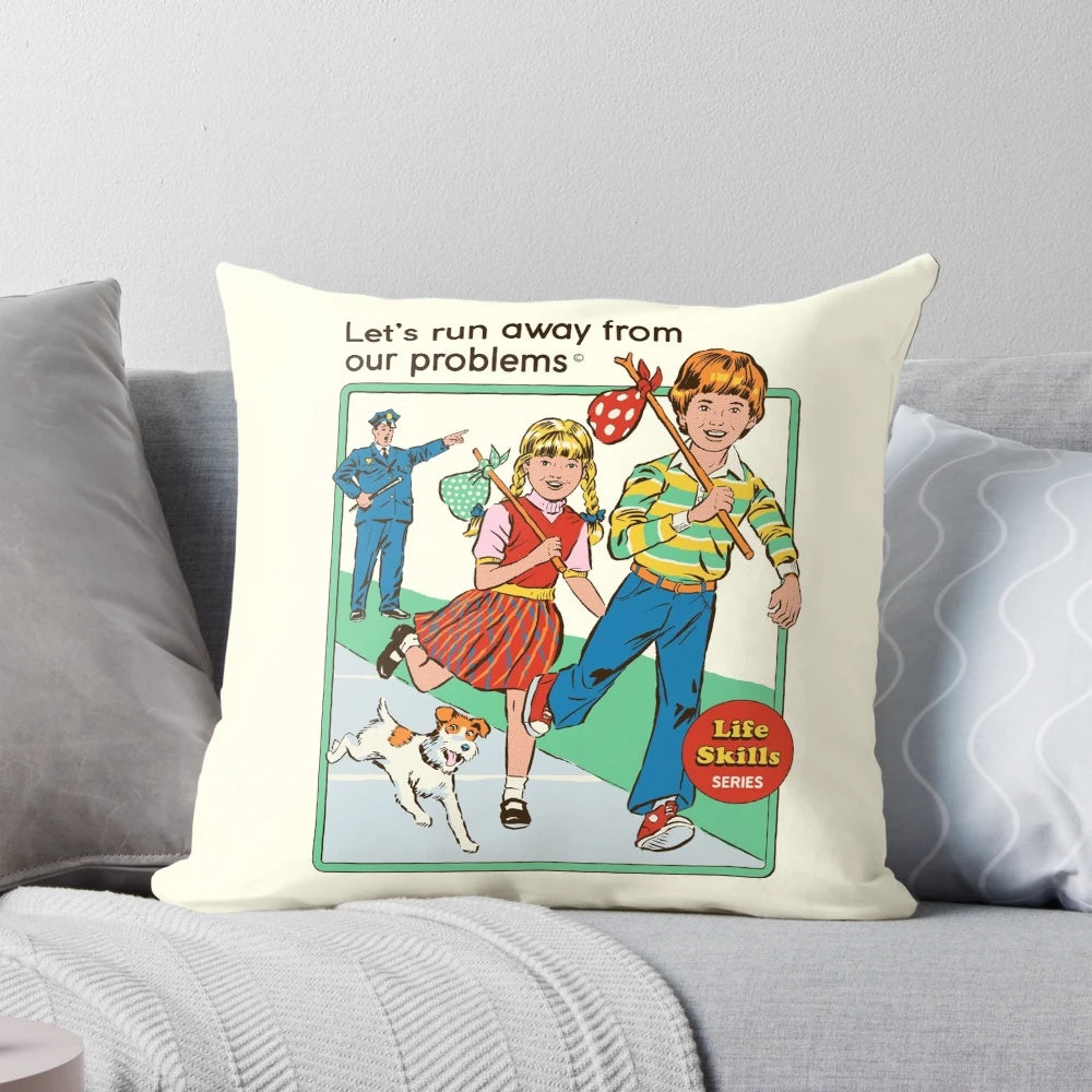 Vintage-inspired pillow with the phrase "Let's Run Away" printed on it