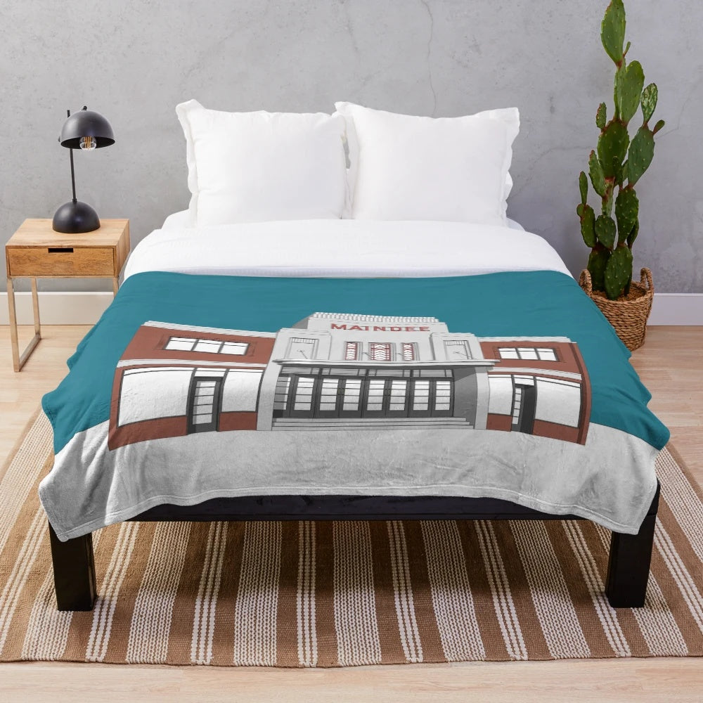 Maindee Cinema Newport Plush Blanket with Modernist Architecture Illustration