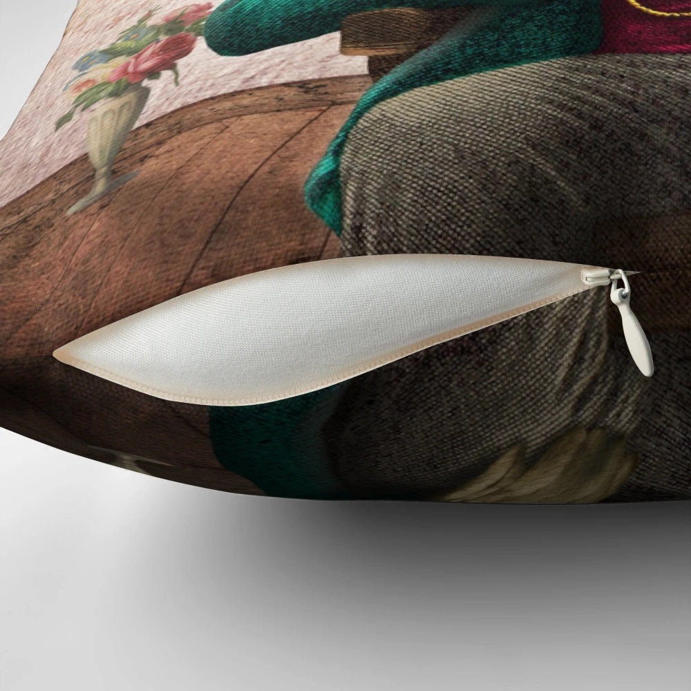 Vintage-inspired pillow featuring an illustration of a mallard duck reading an antique book.