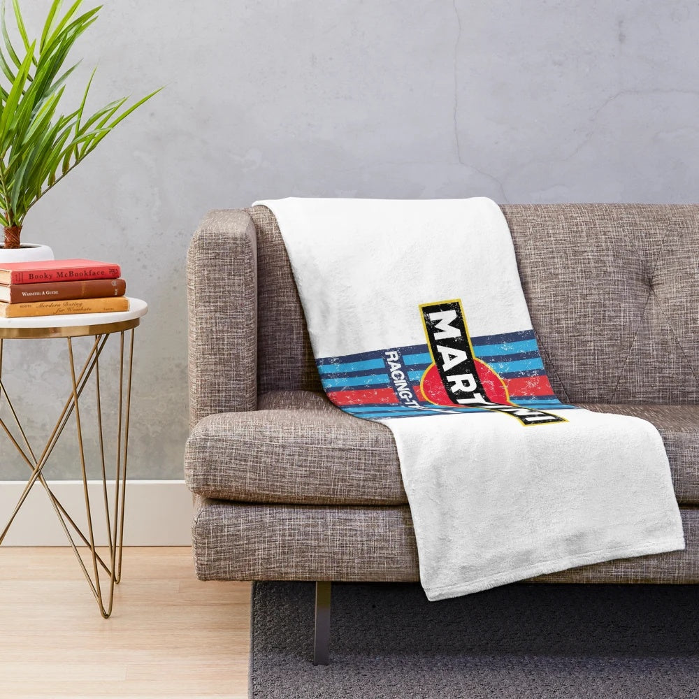 Vintage-inspired Martini racing retro plush blanket with scorpion and sports car graphics
