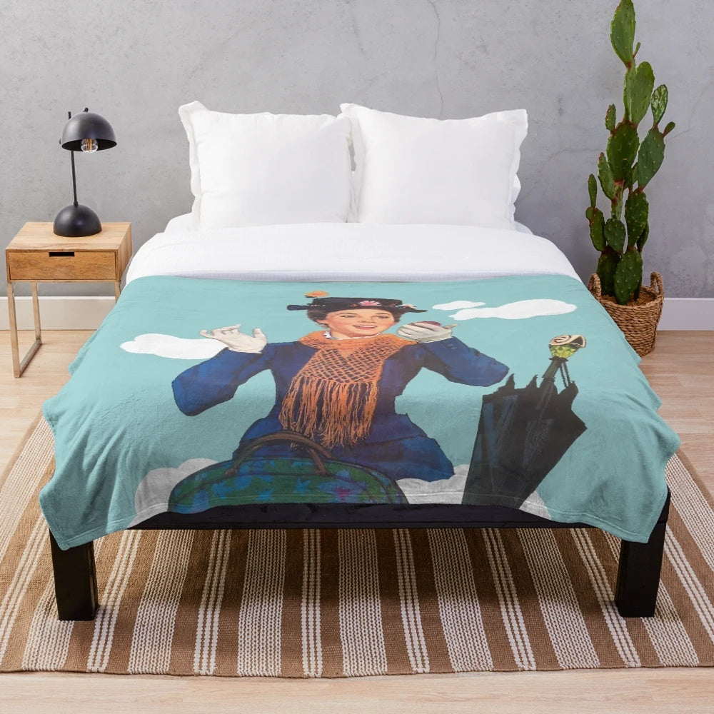 Vintage-inspired Mary Poppins plush blanket featuring the iconic parrot umbrella and Julie Andrews