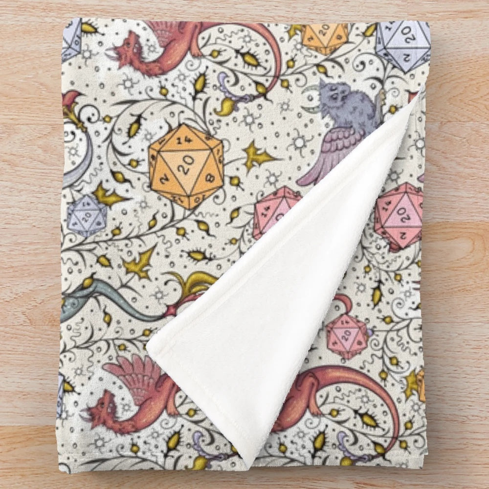 Vintage-Inspired Medieval Dragon and D20 Dice Plush Blanket