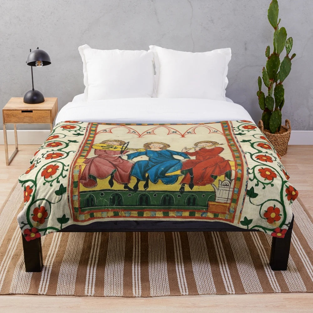 Vintage medieval music-themed plush blanket with antique miniature and wild roses