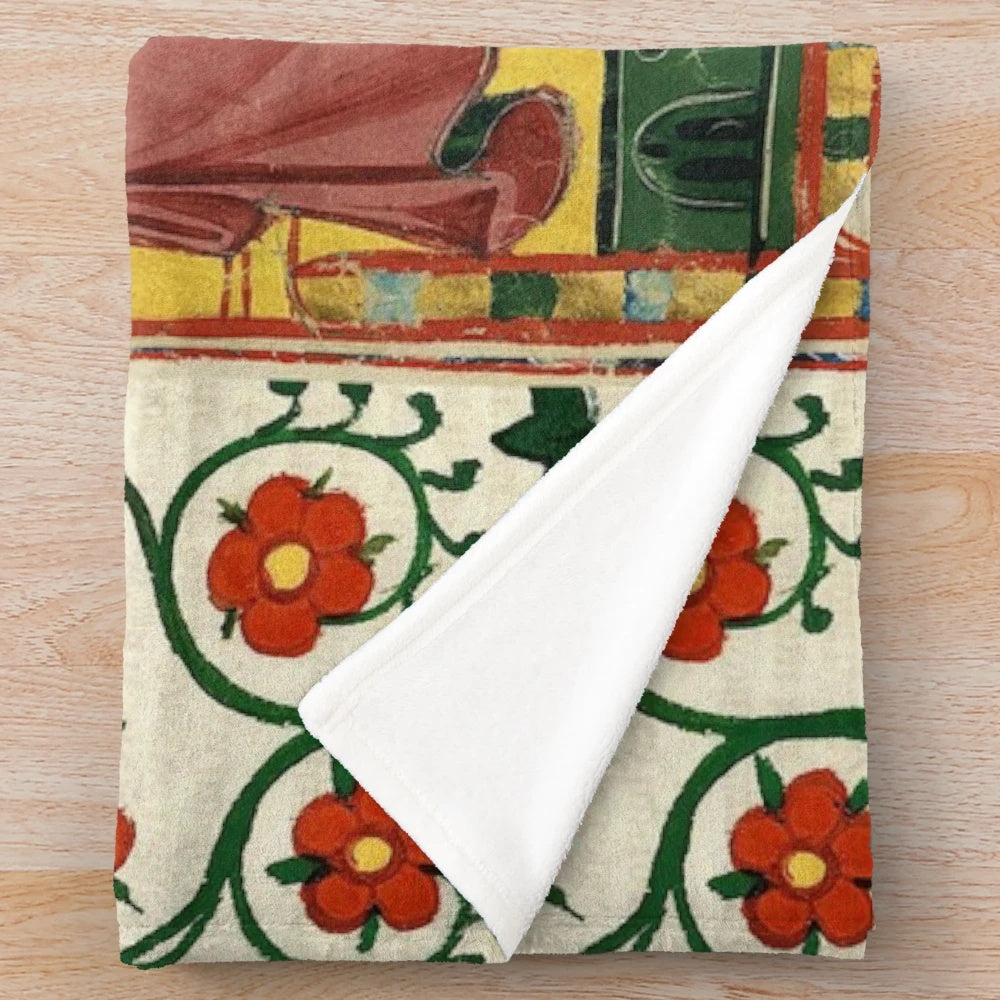 Vintage medieval music-themed plush blanket with antique miniature and wild roses