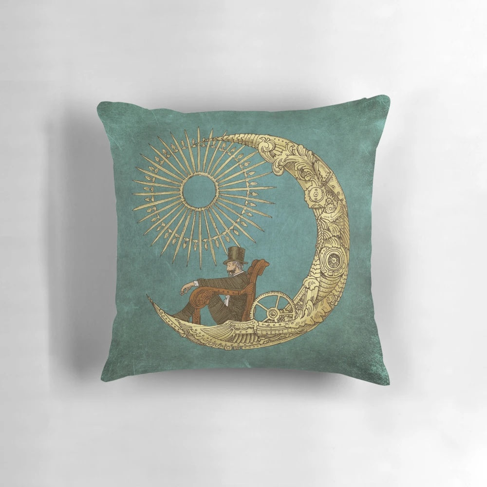 Vintage-inspired moon travel pillow with steampunk and celestial design elements