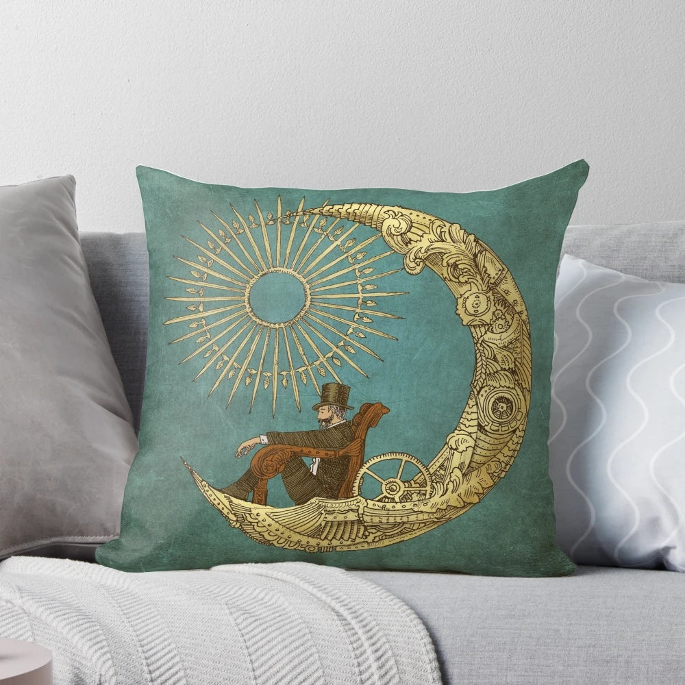 Vintage-inspired moon travel pillow with steampunk and celestial design elements