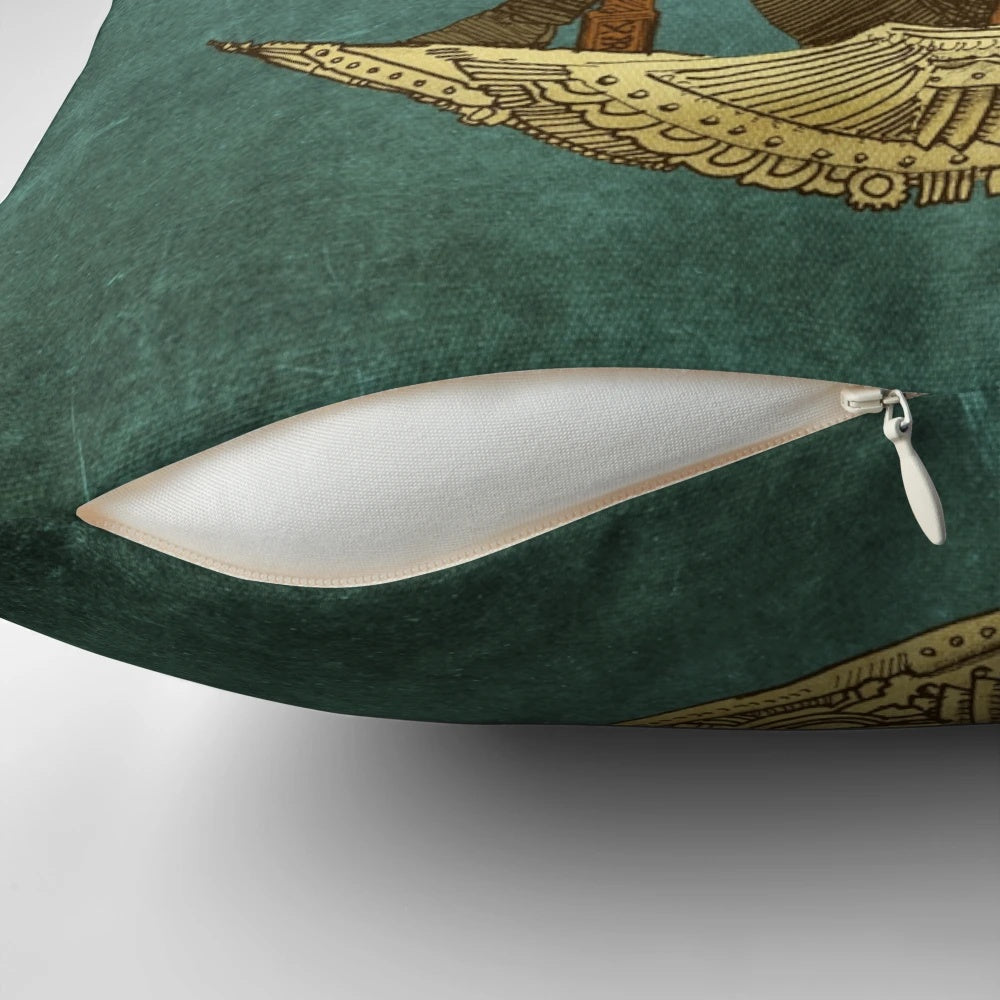 Vintage-inspired moon travel pillow with steampunk and celestial design elements