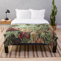 Vintage-inspired plush blanket featuring moss and floral designs, inspired by the botanical art of Ernst Haeckel