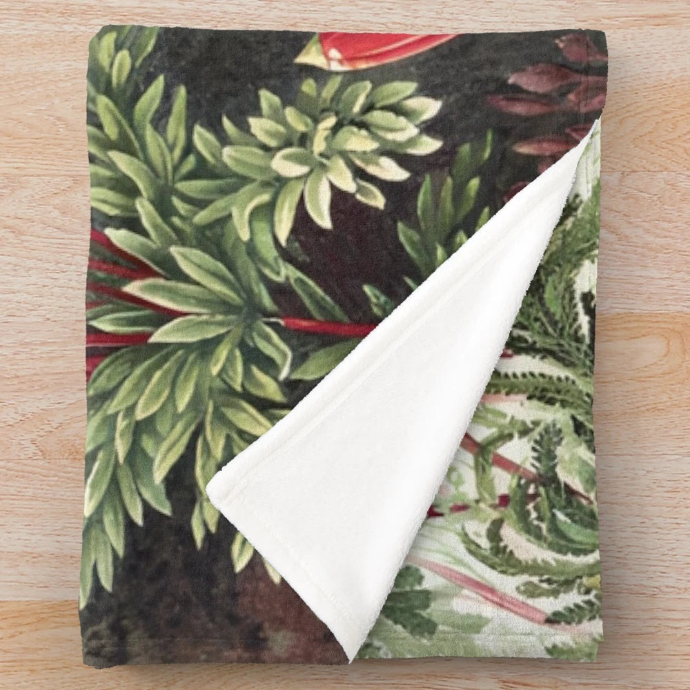 Vintage-inspired plush blanket featuring moss and floral designs, inspired by the botanical art of Ernst Haeckel