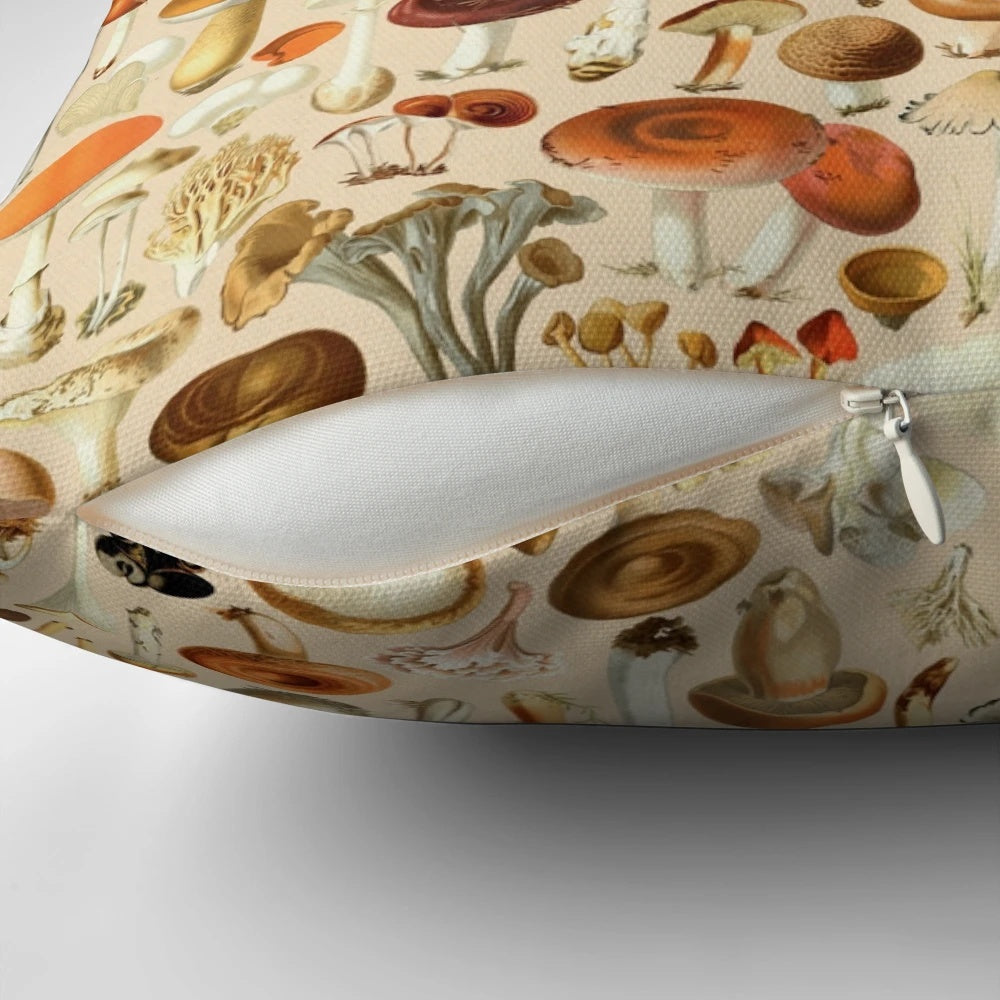 Vintage-inspired decorative pillow featuring a collection of mushroom designs in autumnal colors