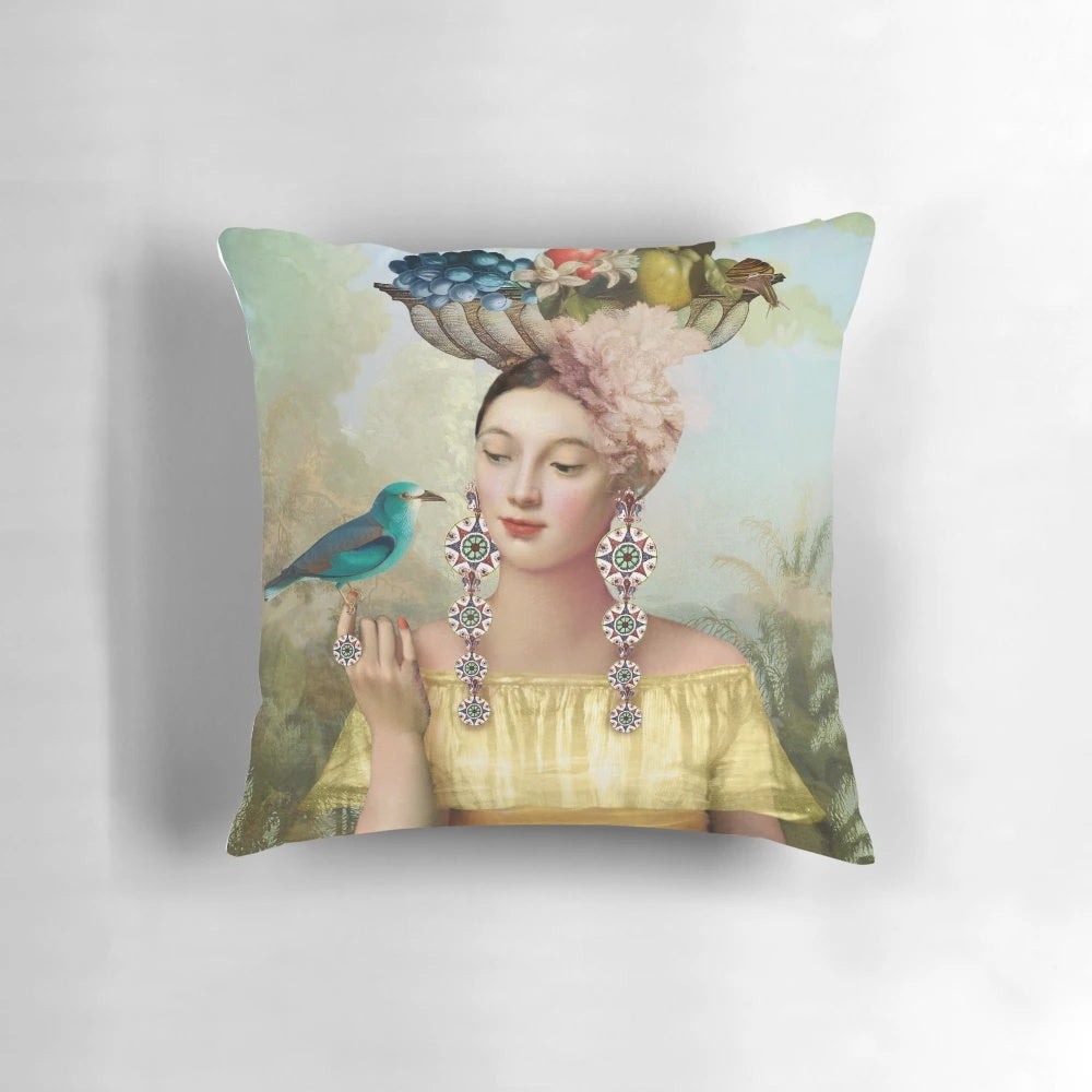 Vibrant digital art collage depicting the nine of pentacles tarot card with vintage summer elements and yellow birds.